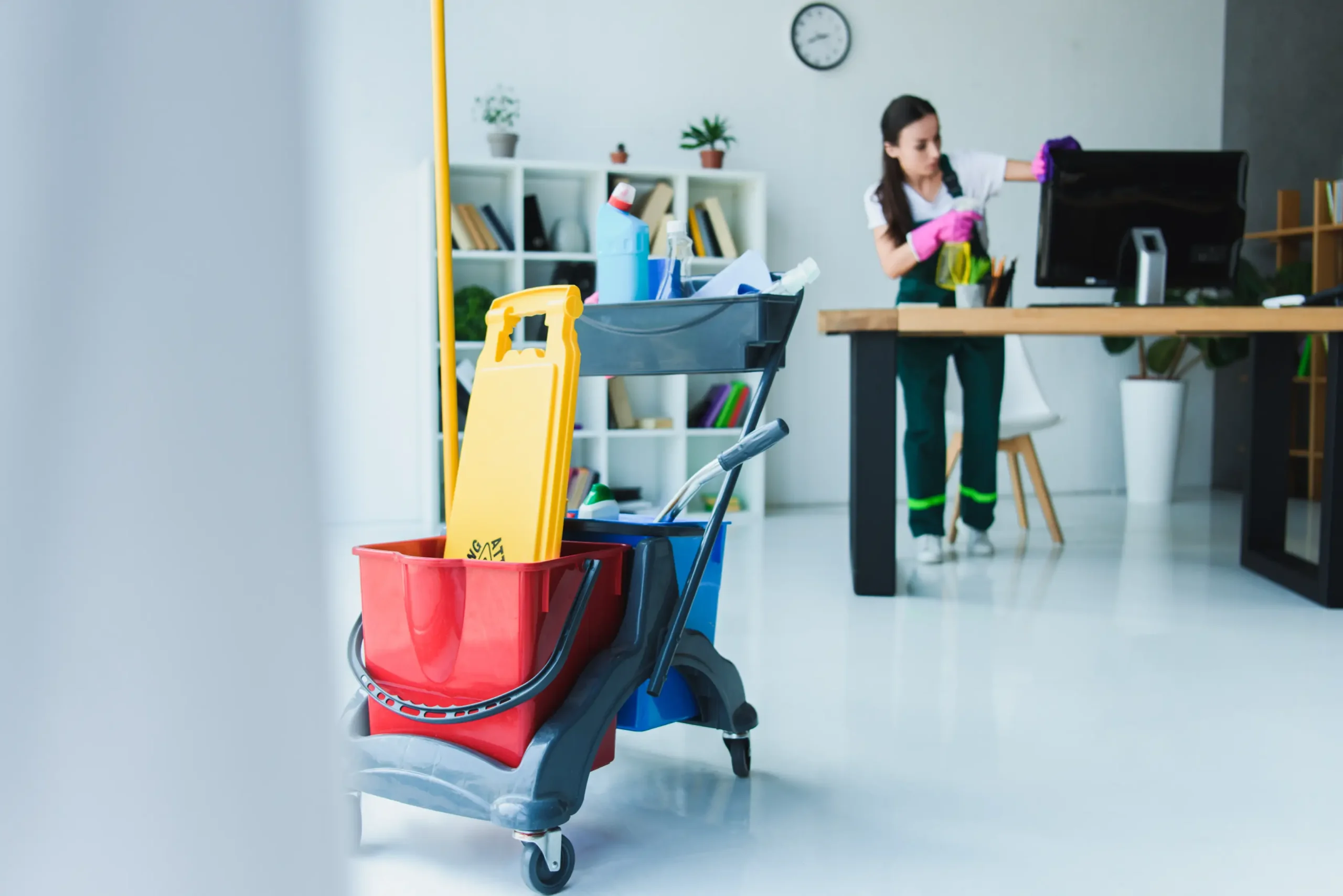 A cleaning cart with red and blue buckets and a caution sign stands in a bright office, while a worker organizes a desk nearby.